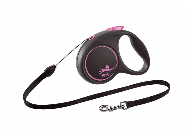 Поводок-рулетка для собак flexi Black Design S 5 м 12 кг трос, розовый